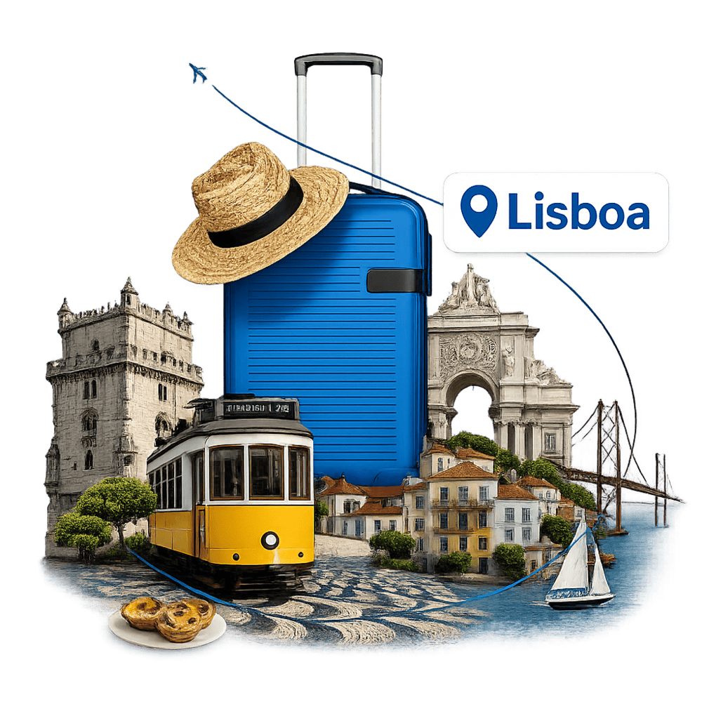 Lisbon travel collage: tram, Belém Tower, suitcase, pastéis de nata and the 25 de Abril Bridge