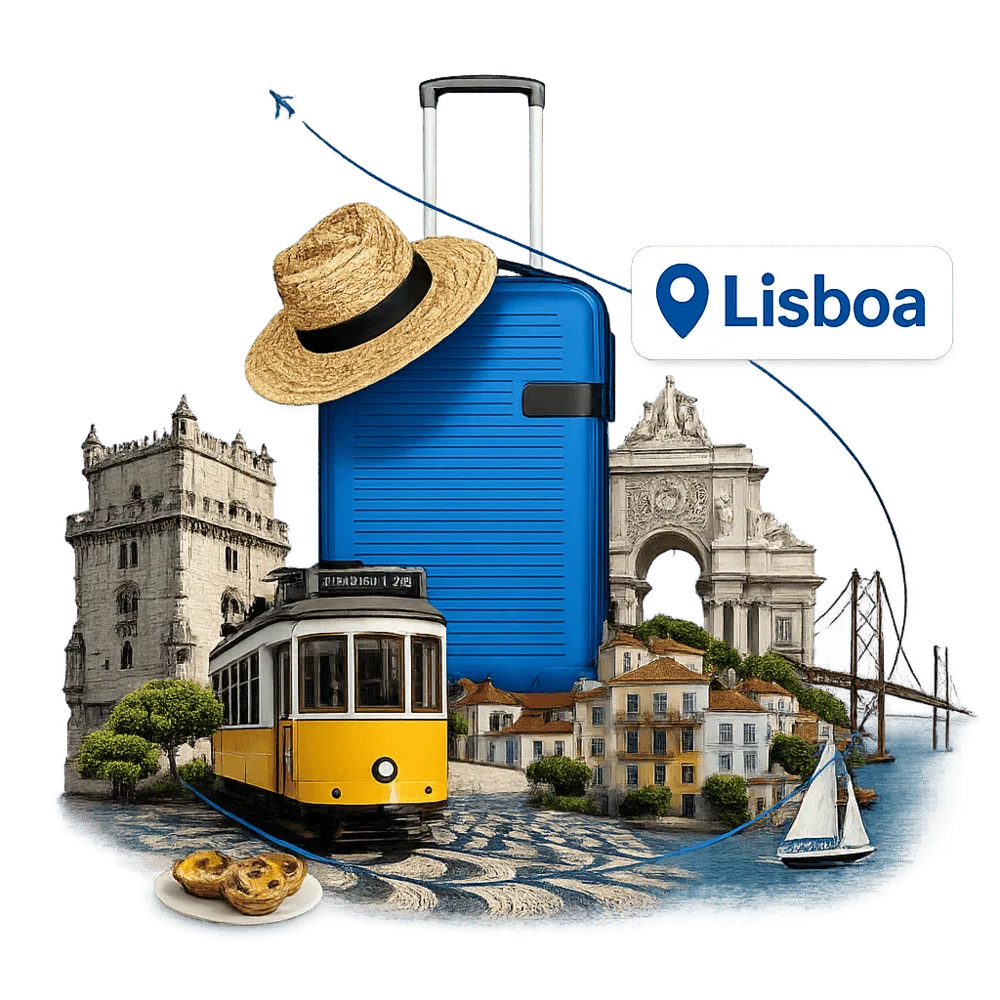 Lisbon travel collage: tram, Belém Tower, suitcase, pastéis de nata and the 25 de Abril Bridge
